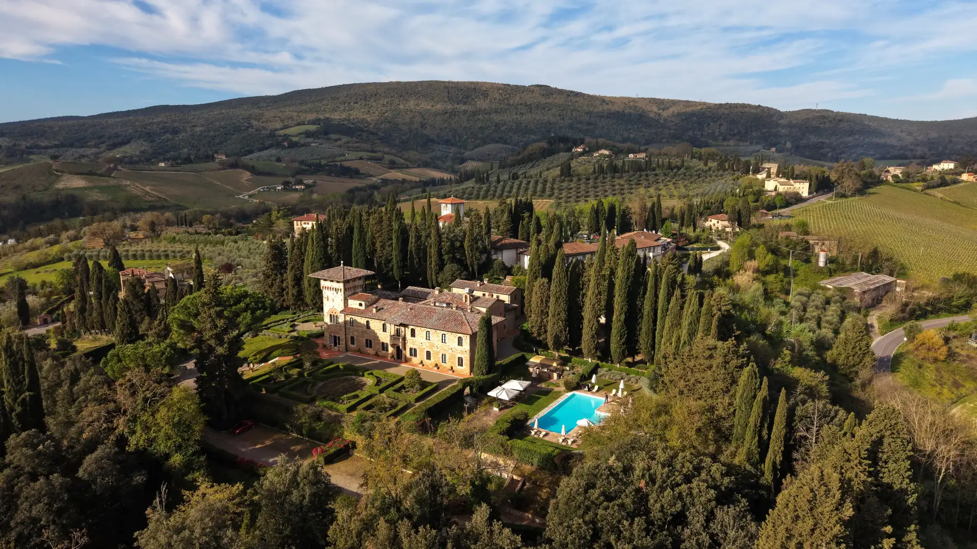 Aerial view of the estate with pool, cypress trees and Tuscan countryside near San Gimignano - La Collegiata, BZAR hotels in Tuscany